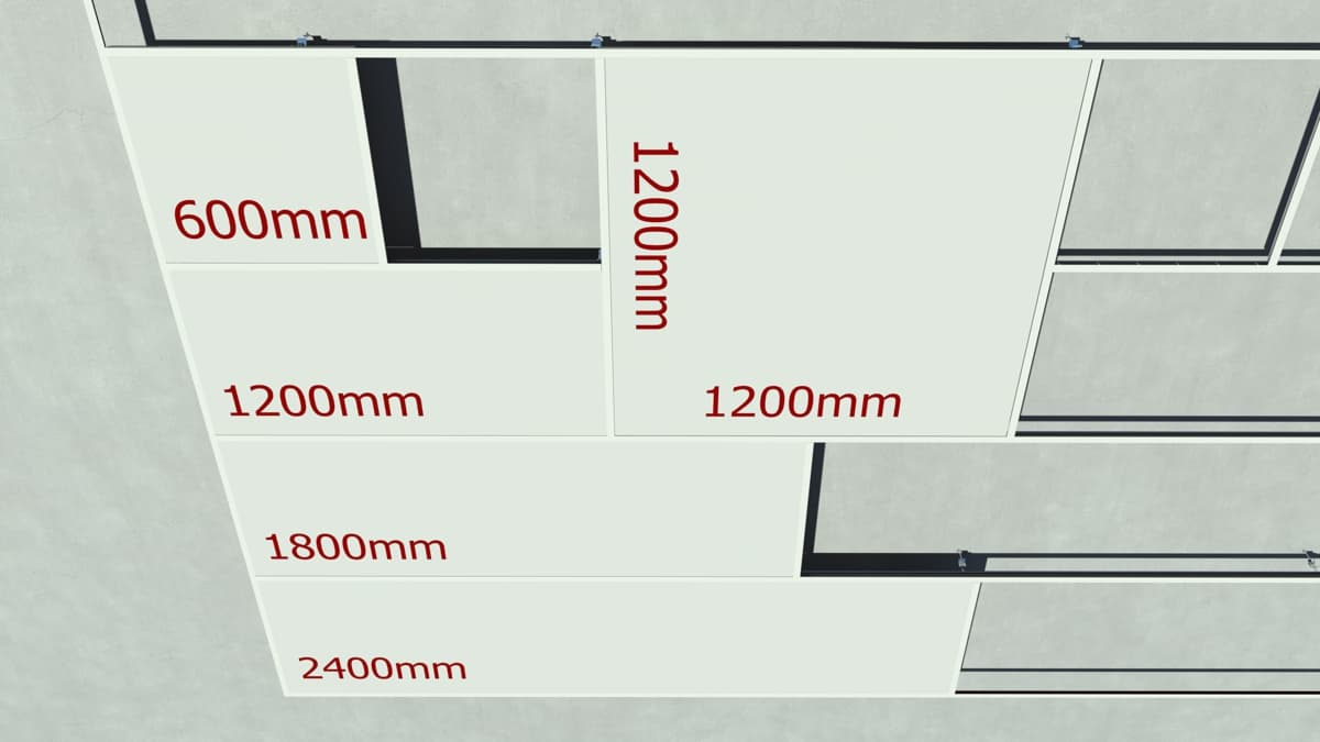 På bildet kan man se fire slags himlingsplater med lengde 60x60, 60x120, 60x180 og 60x240 cm. 